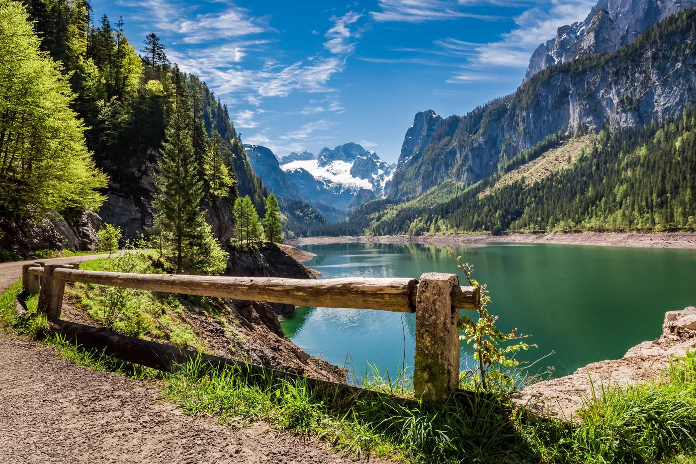 Blick über den Gosausee auf den schneebedeckten Dachstein